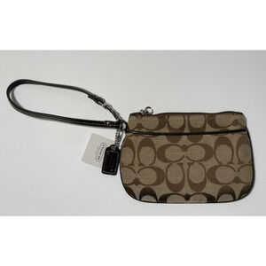 NWT Coach Jacquard Signature‎ C Wristlet Wallet with Leather Trim Charm Brown